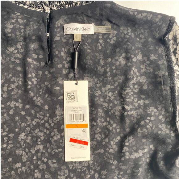 Calvin Klein Small Floral Mock Neck Ruffle Sleeve Blouse Black White - Picture 10 of 12